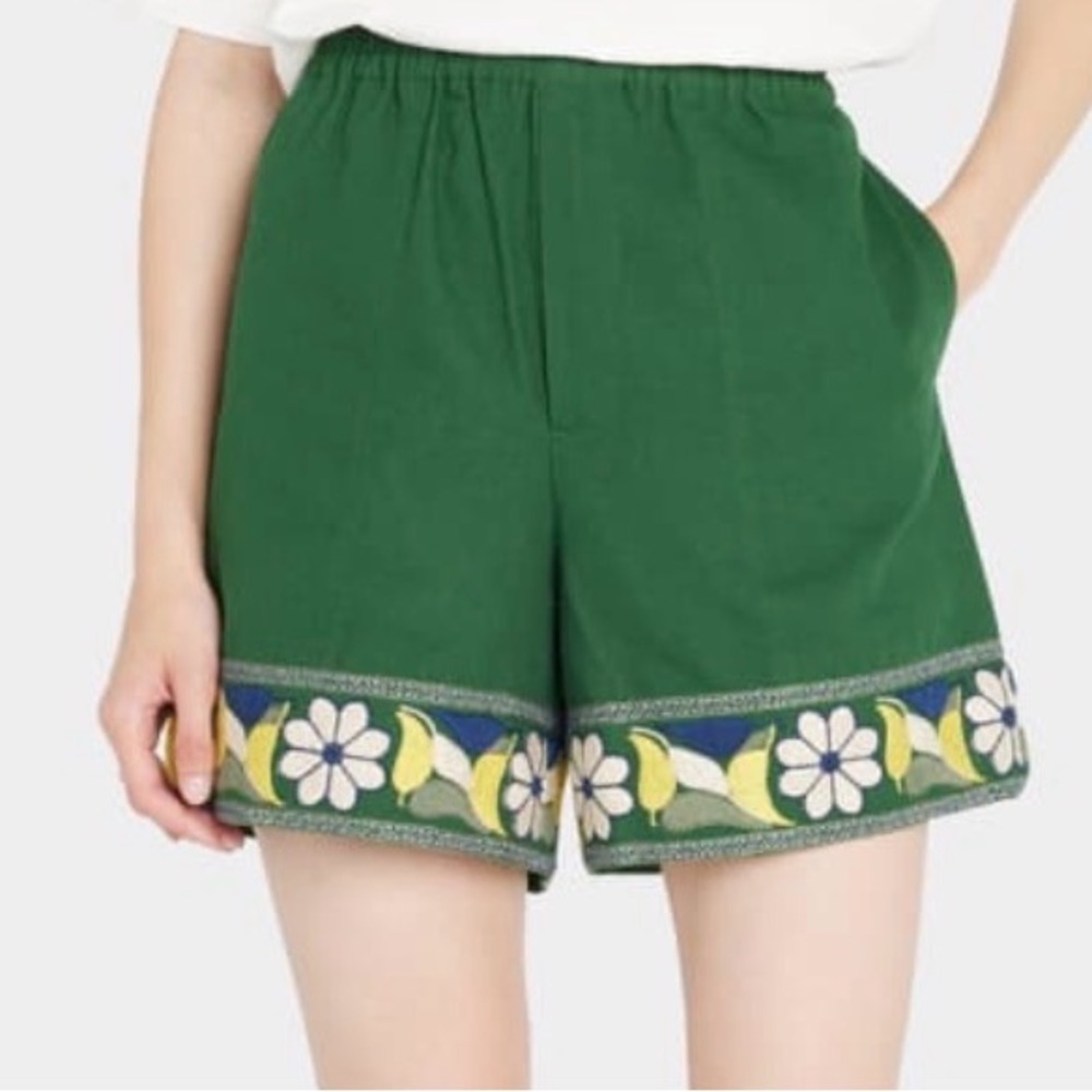 BODE Zinnia Ribbon Floral-Embroidered Shorts Green Size S/M